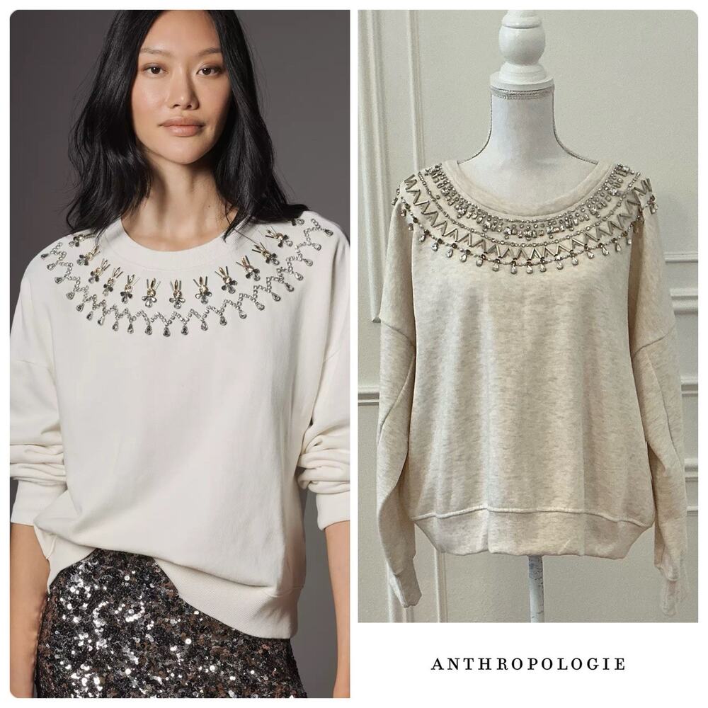 Anthropologie Maeve Embellished Collar Pullover Sweatshirt  Sand NWT XLarge